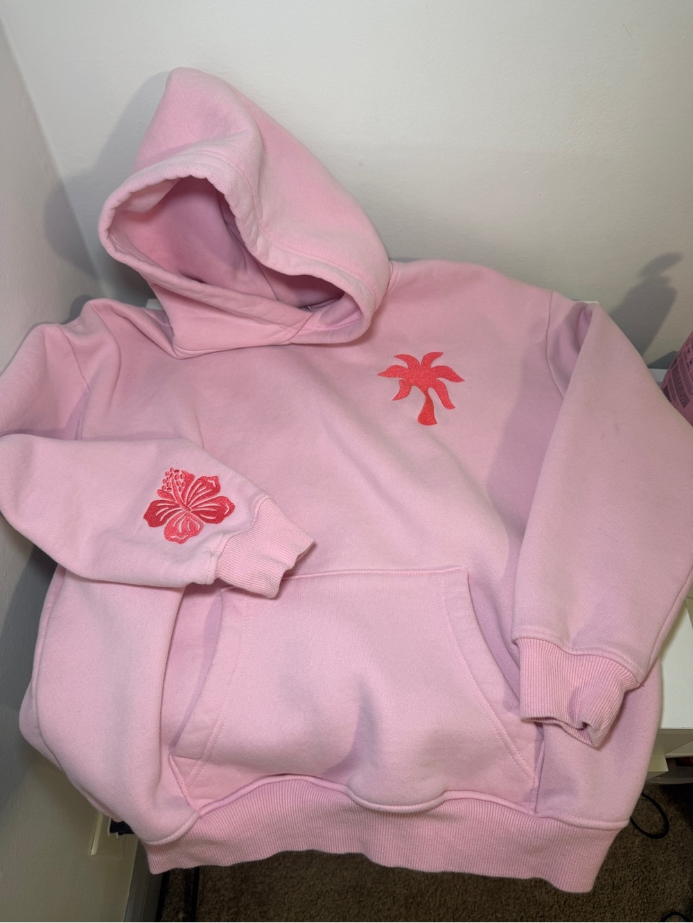 Pink Palm Puff Light Pink Hoodie with Coral Palm & Hibiscus Embroidery